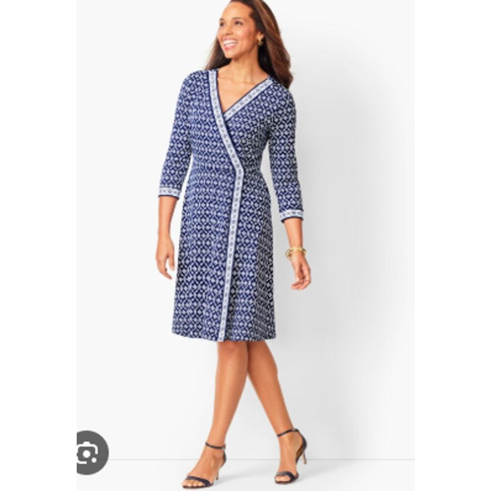 Navy Printed Wrap Dress with Contrast Trim